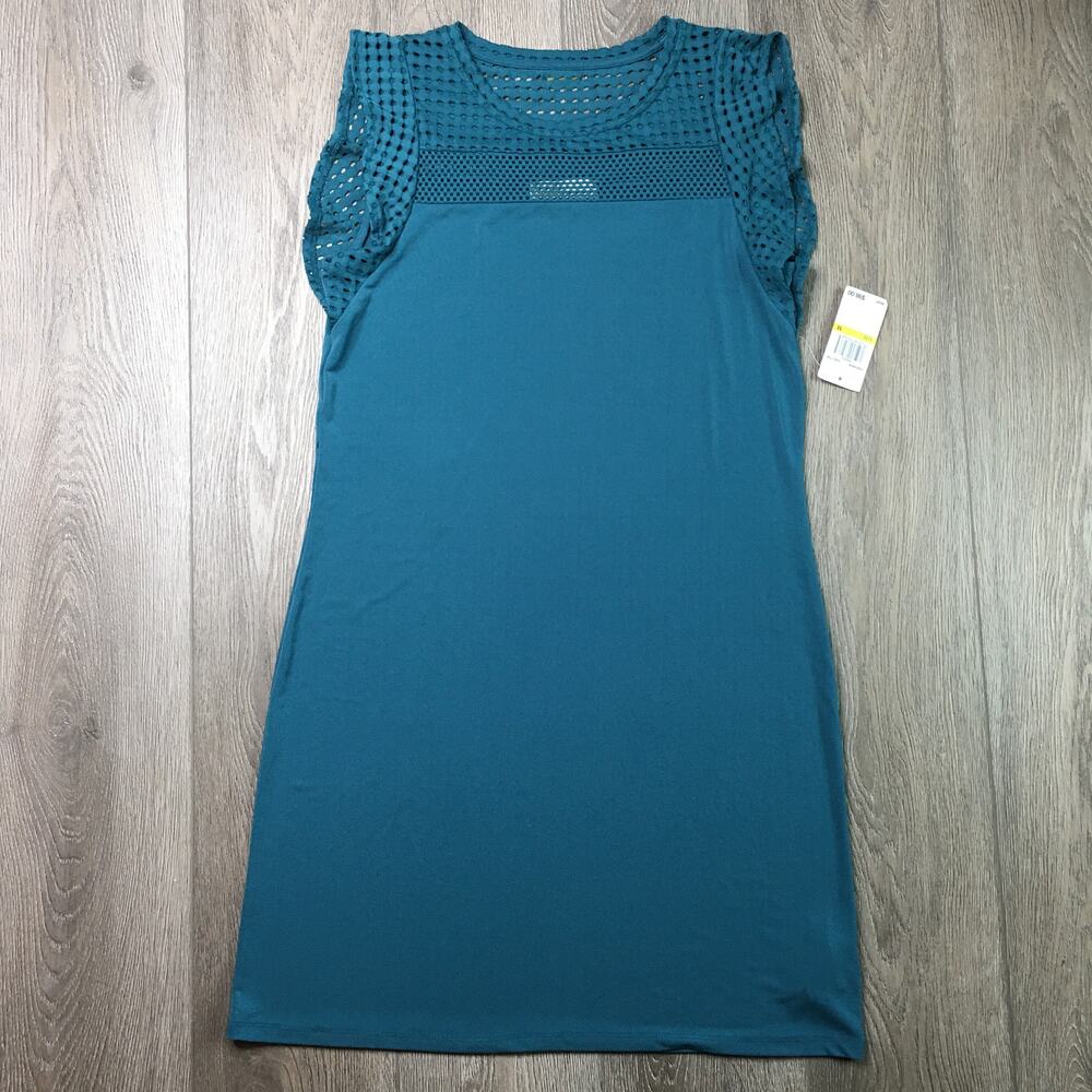 NWT Michael Kors Eyelet Mesh Top Flutter Mini Sheath Dress Dark Cyan Medium